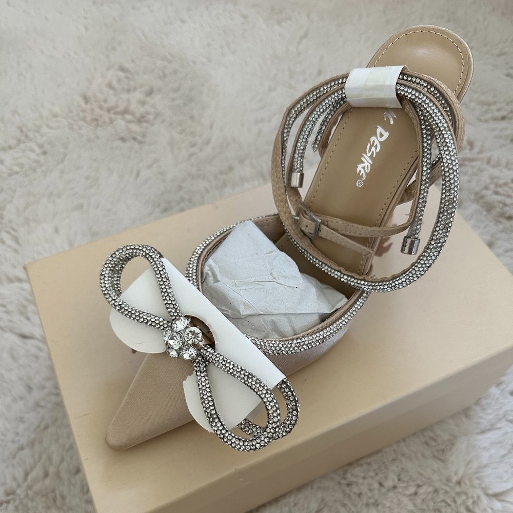MIDNIGHT CHAMPAGNE SATIN WRAP AROUND BOW POINTED TOE COURT HEELS
